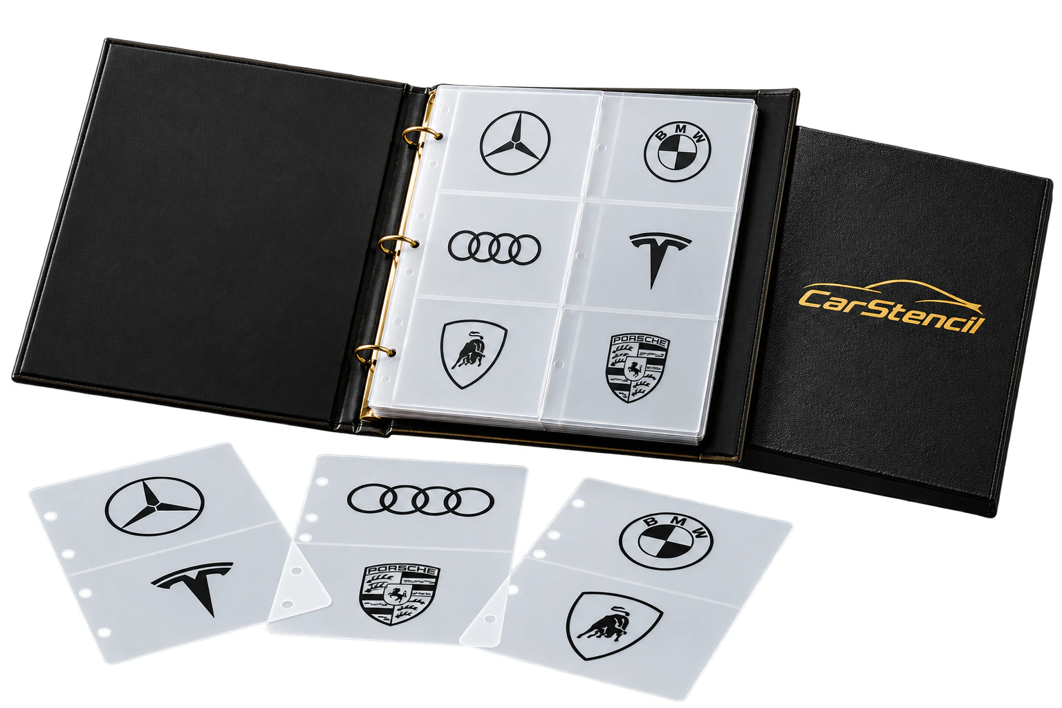 Professional CarStencil binder displaying physical automotive stencils
