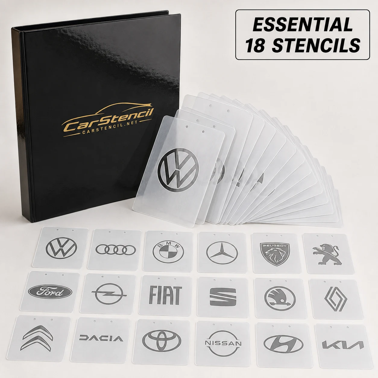 Essential physical car logo stencil pack with 18 automotive brand stencils and binder