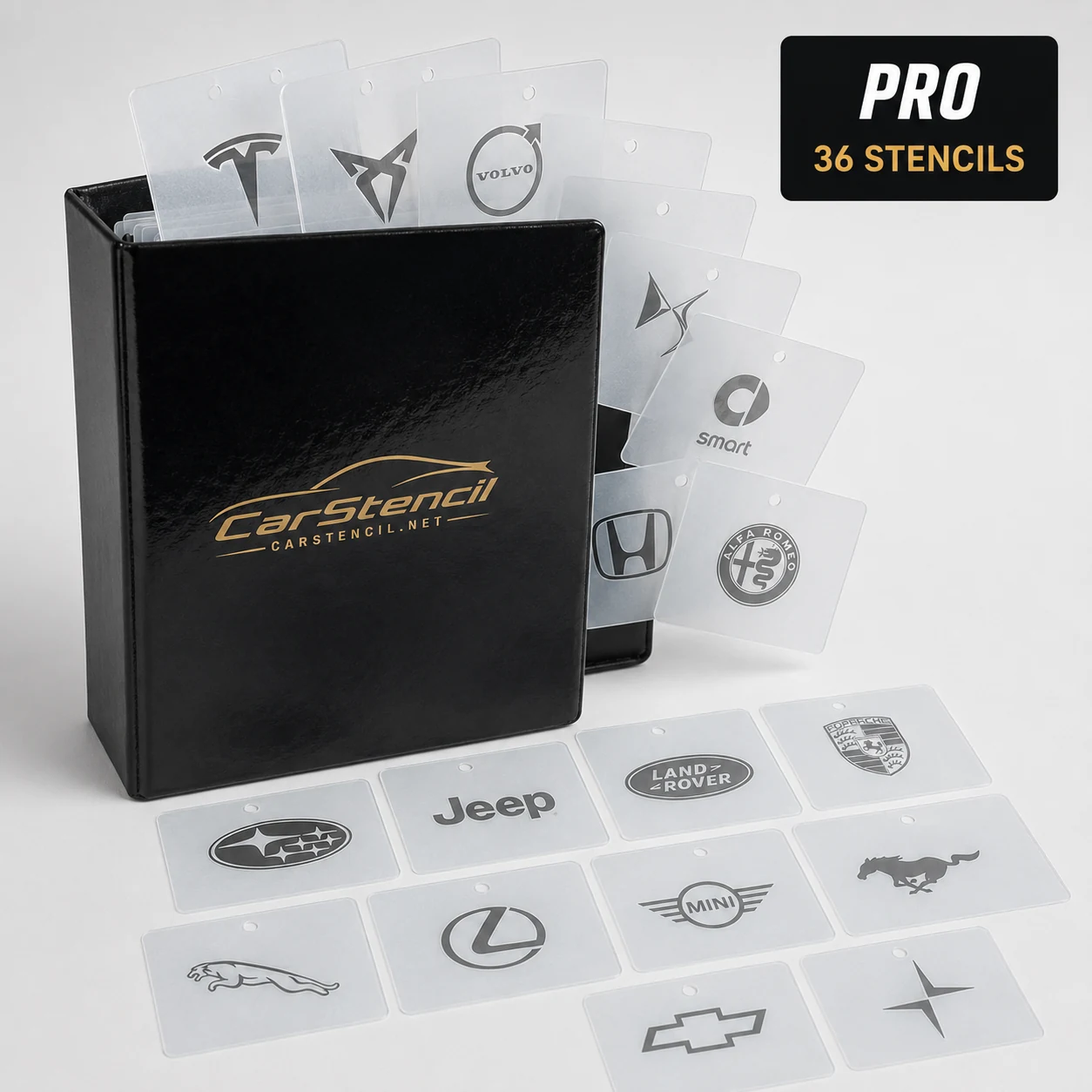 Pro physical automotive detailing stencil pack with 36 car logo stencils and binder