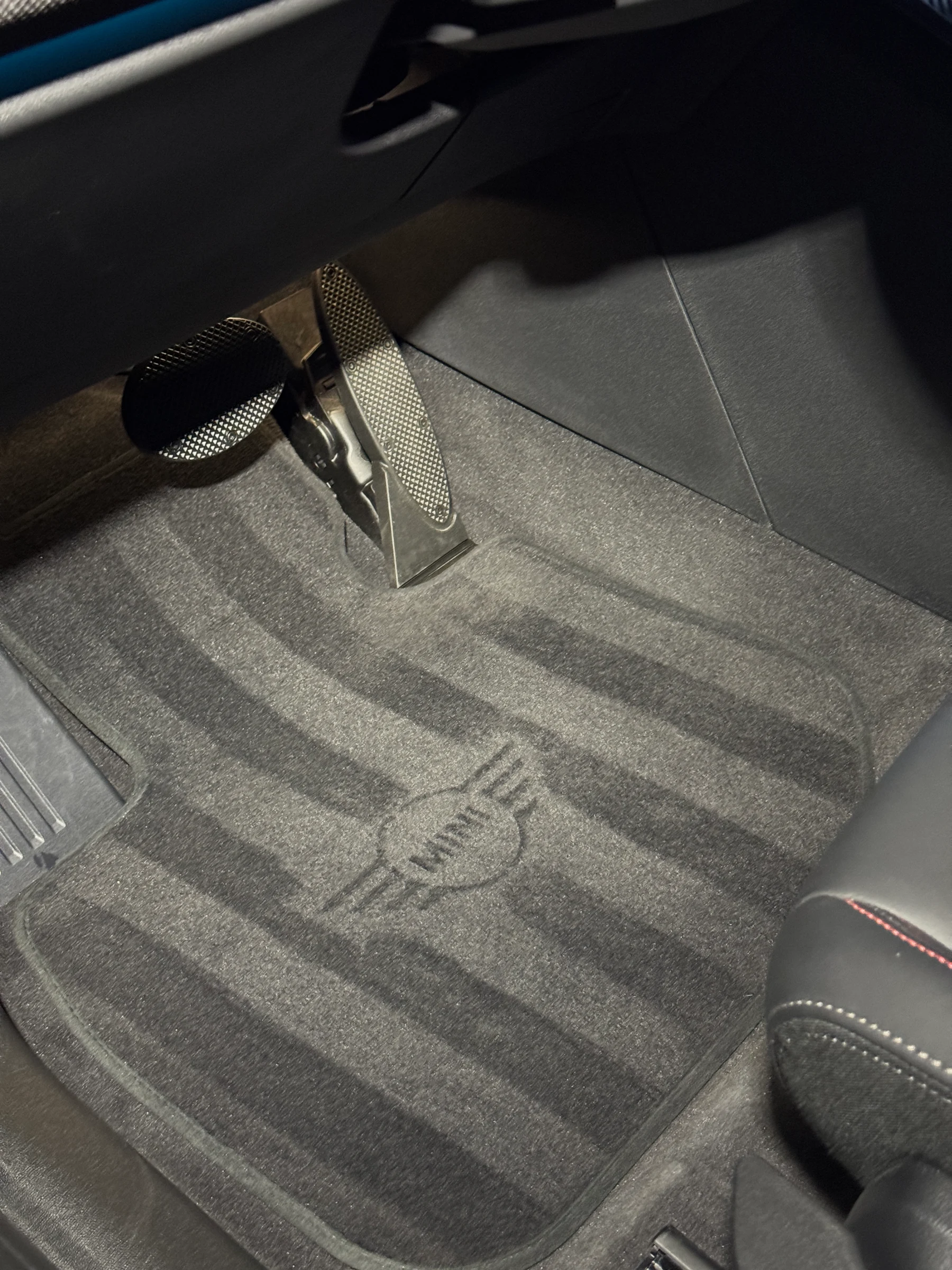 Finished emblem stencil result on a front car mat